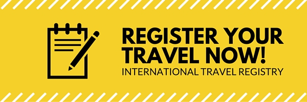 Yellow rectangle with an icon of pad of paper with lines and a pencil on it and the words, "Register Your Travel Now! International Travel Registry"