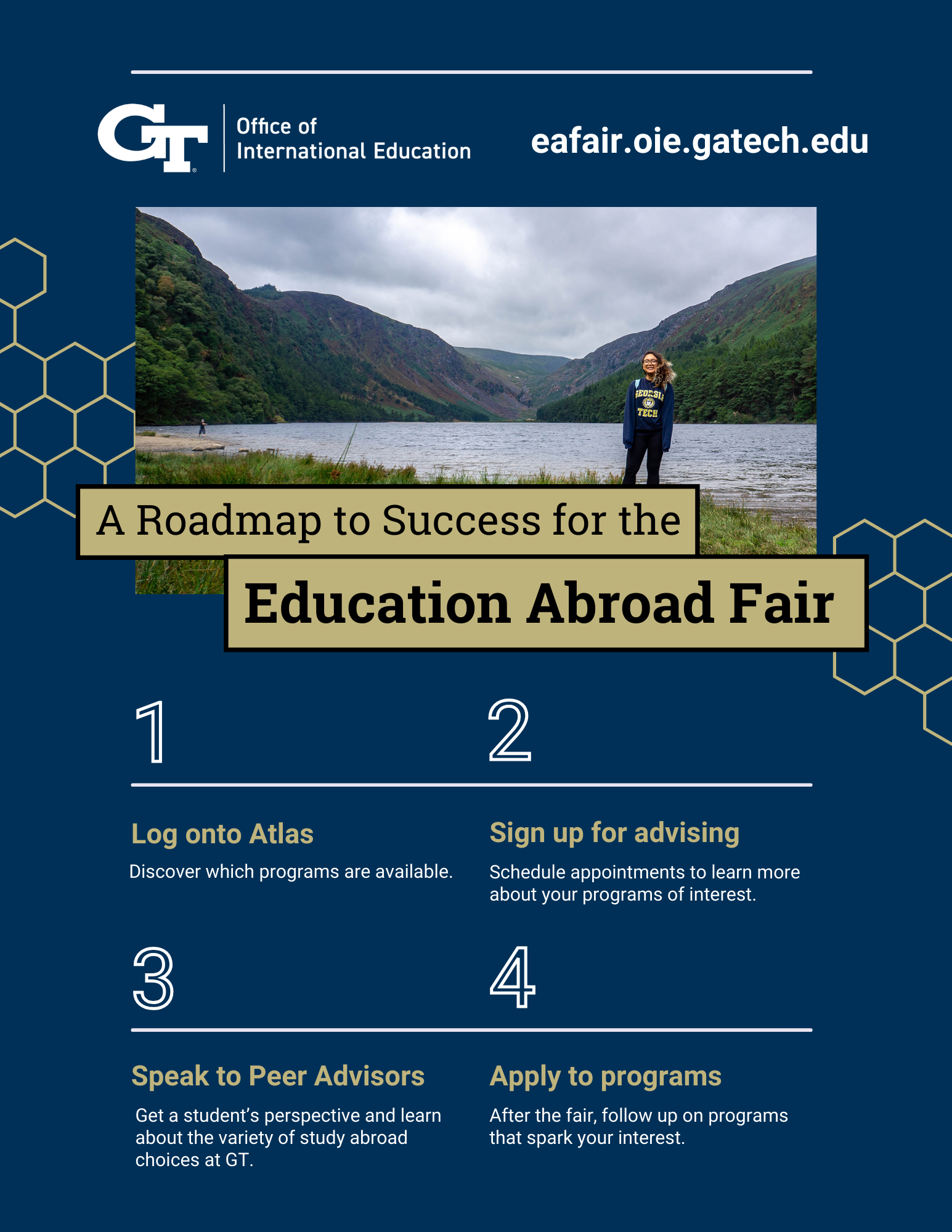 A student wearing a Georgia Tech shirt stands in front of a lake with green mountains in the background. The header reads “Office of International Education, eafair.oie.gatech.edu.” Title: “A Roadmap to Success for the Education Abroad Fair.” Four numbered steps are listed: (1) Log onto Atlas — Discover which programs are available. (2) Sign up for advising — Schedule appointments to learn more about your programs of interest. (3) Speak to Peer Advisors — Get a student’s perspective and learn about study ab